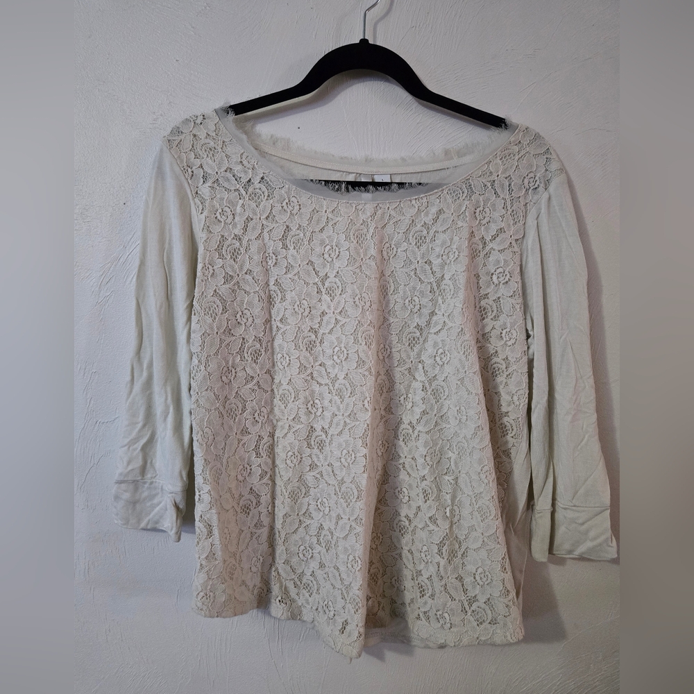 LC Lauren Conrad Cream Lace Front 3/4 Sleeve Blouse